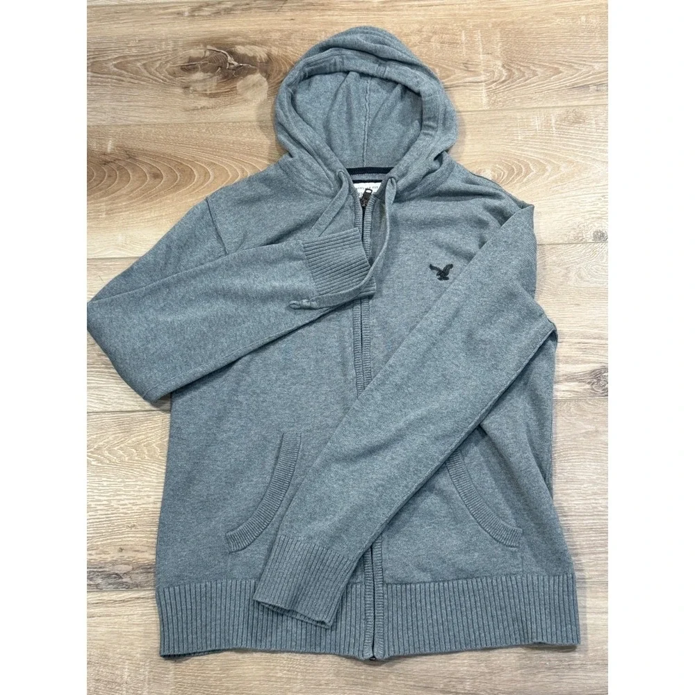 American Eagle Outfitters Mens Gray Full Zip Hooded Sweater Vintage Fit LT/GL‎